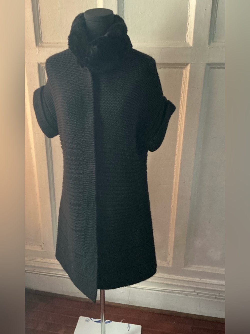 Lafayette 148 New York Black Knit Poncho with Real Fur Collar